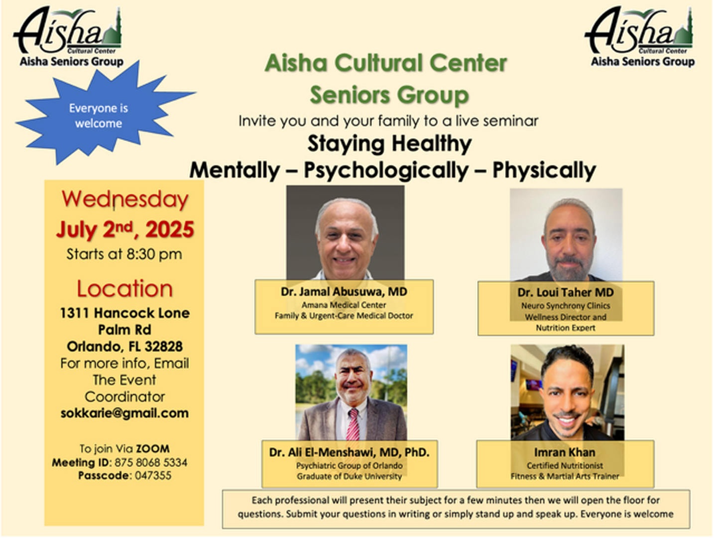 Stay Healthy Live Seminar at Aisha Cente