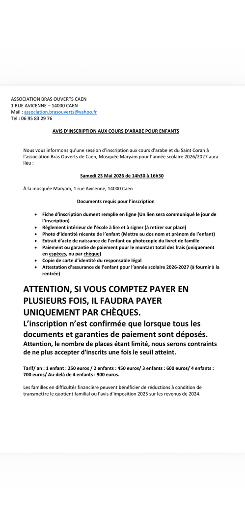 Inscription aux Cours d’Arabe enfants