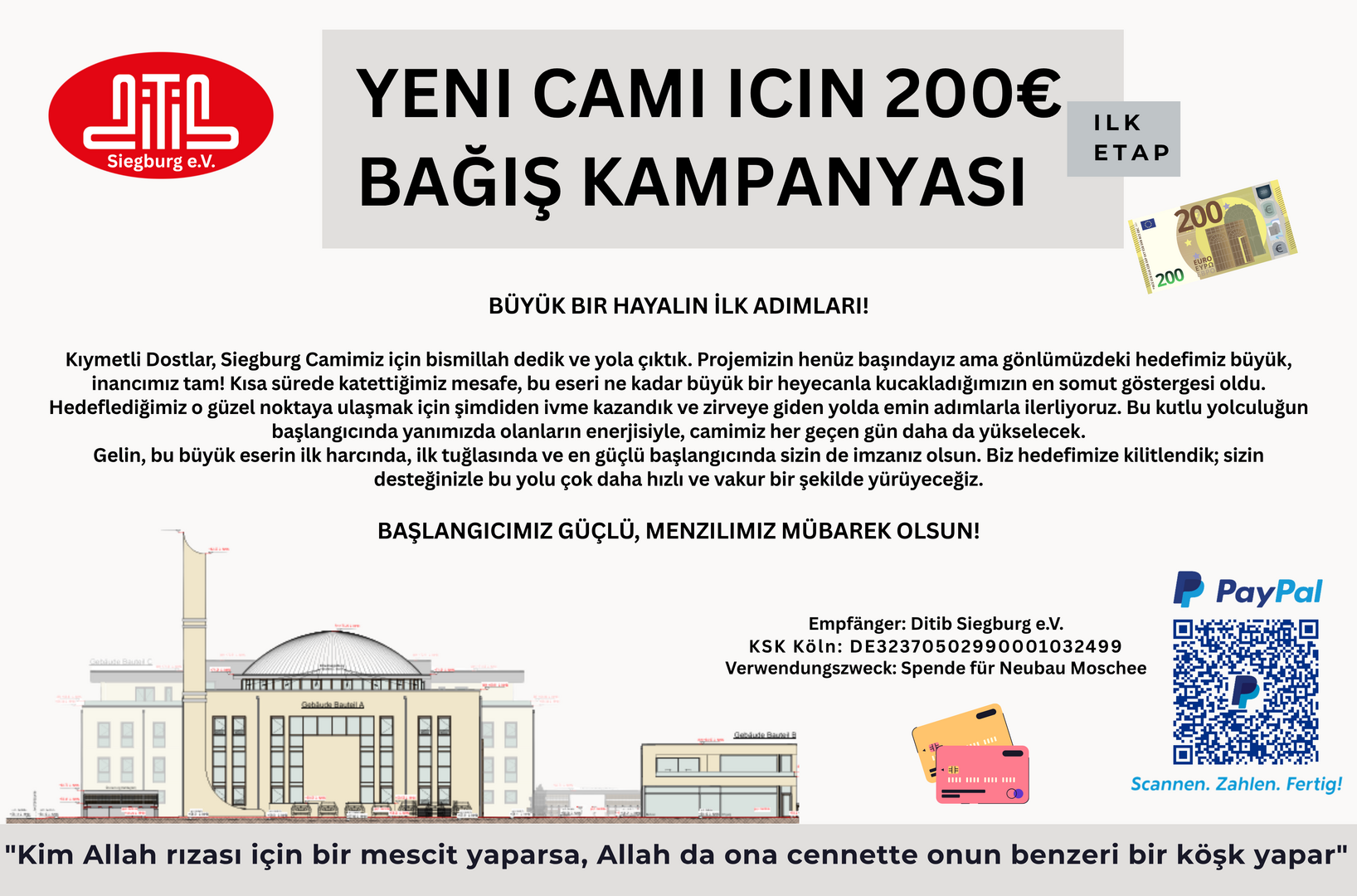 Yeni Cami icin 200€  Bağış Kampanyası