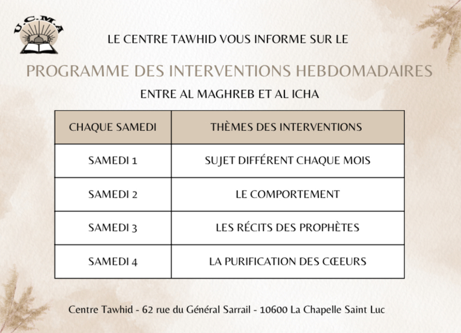 Programme hebdomadaire - Centre Tawhid