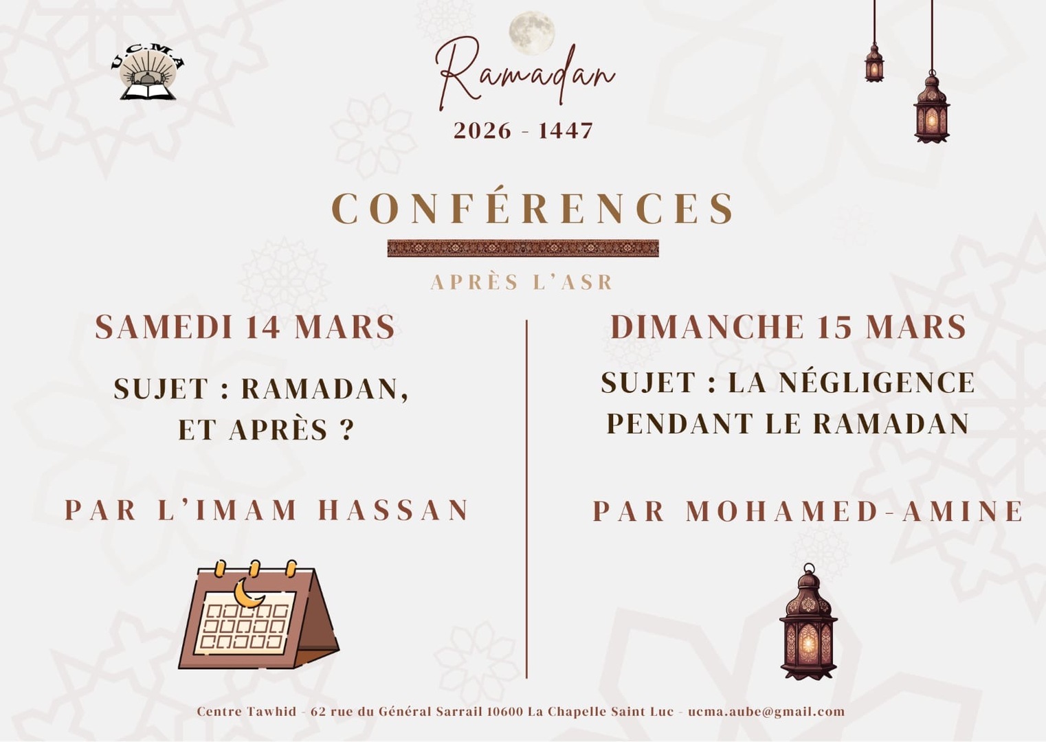 Conférences - Week-end du 14 et 15 mars