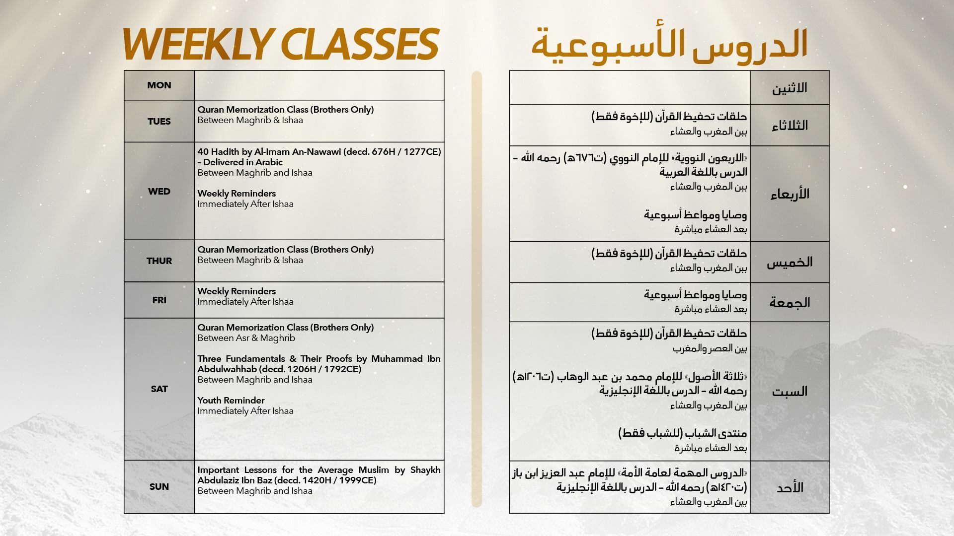 Weekly Classes Schedule