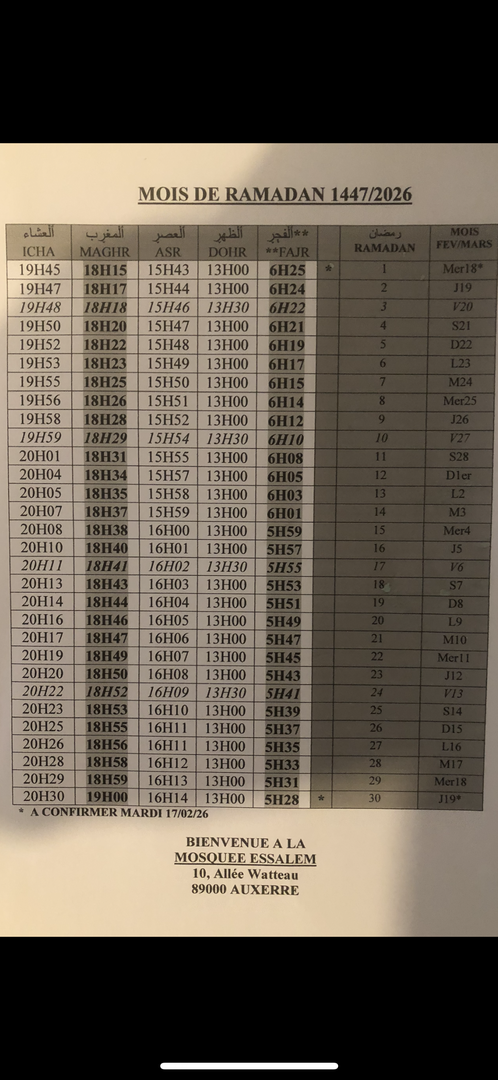 Horaires prières ramadan