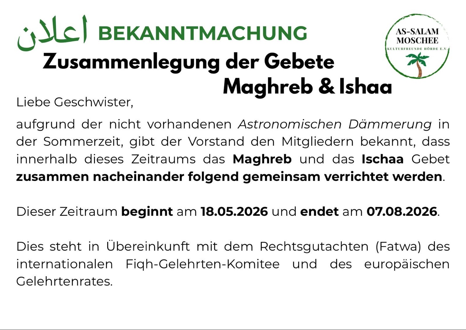 Zusammenlegung Maghreb & Ishaa Gebet