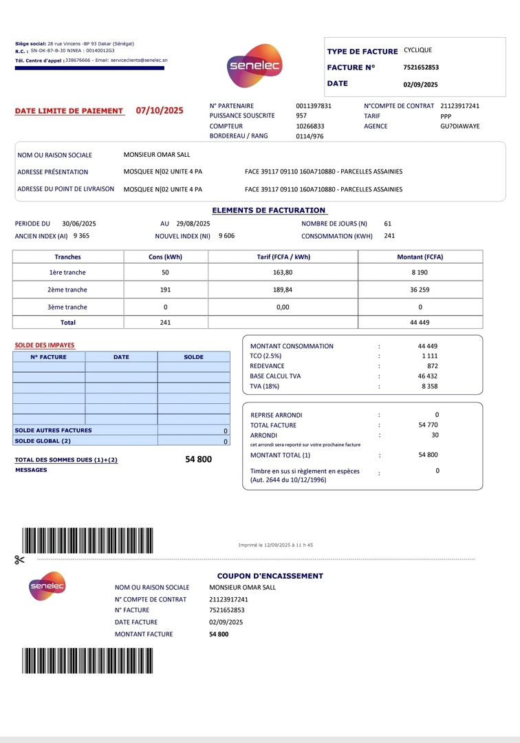 Facture d'électricité
