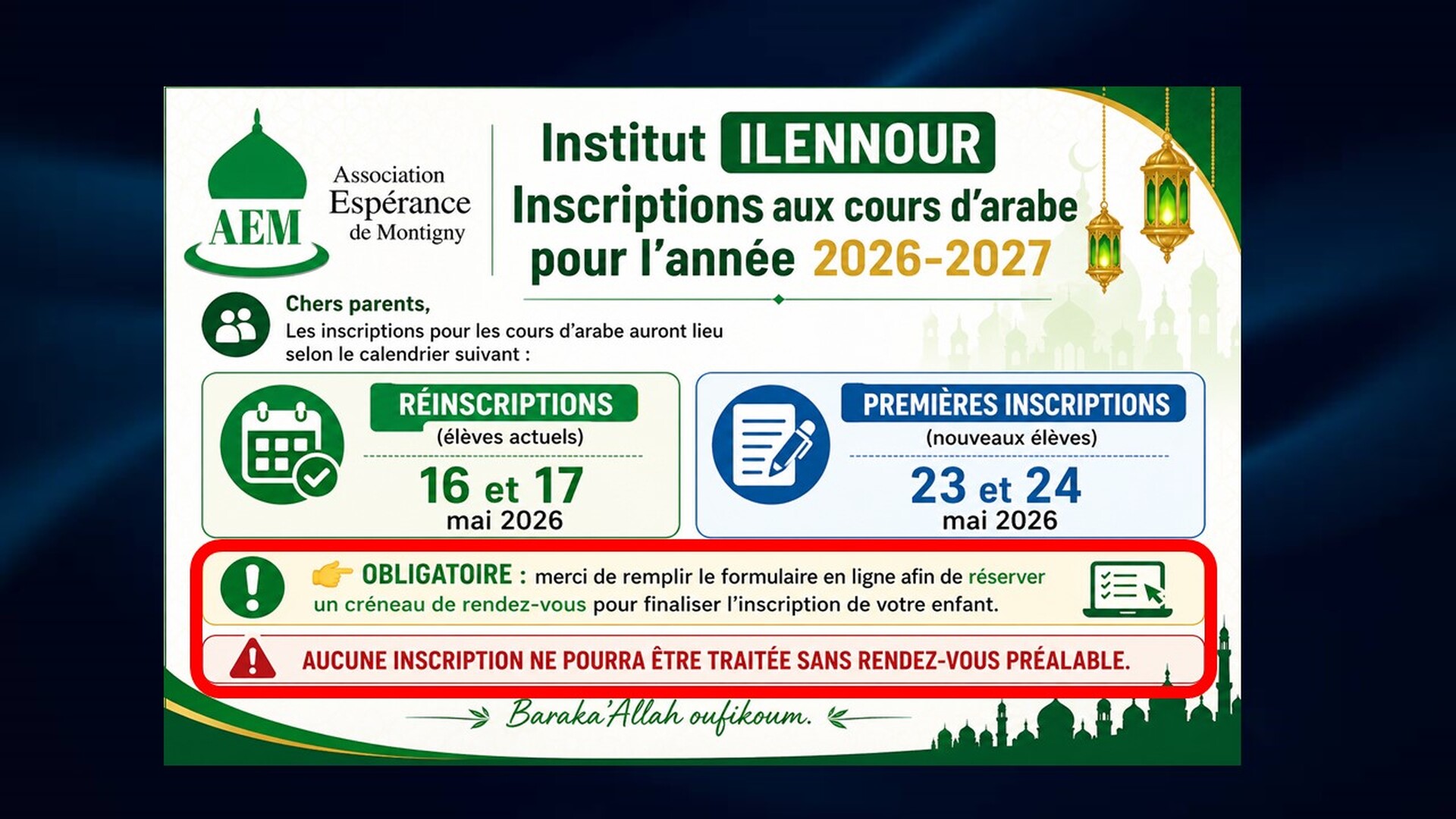 Inscriptions Cours Arabe