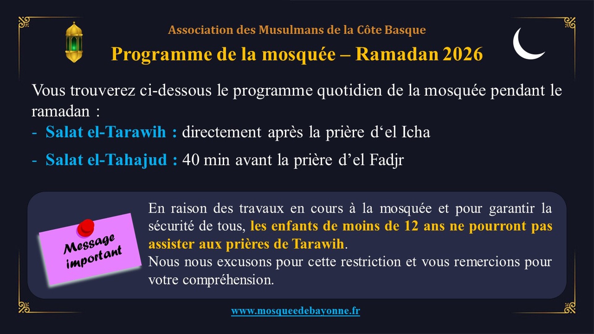 Programme de la mosquée – Ramadan 2026
