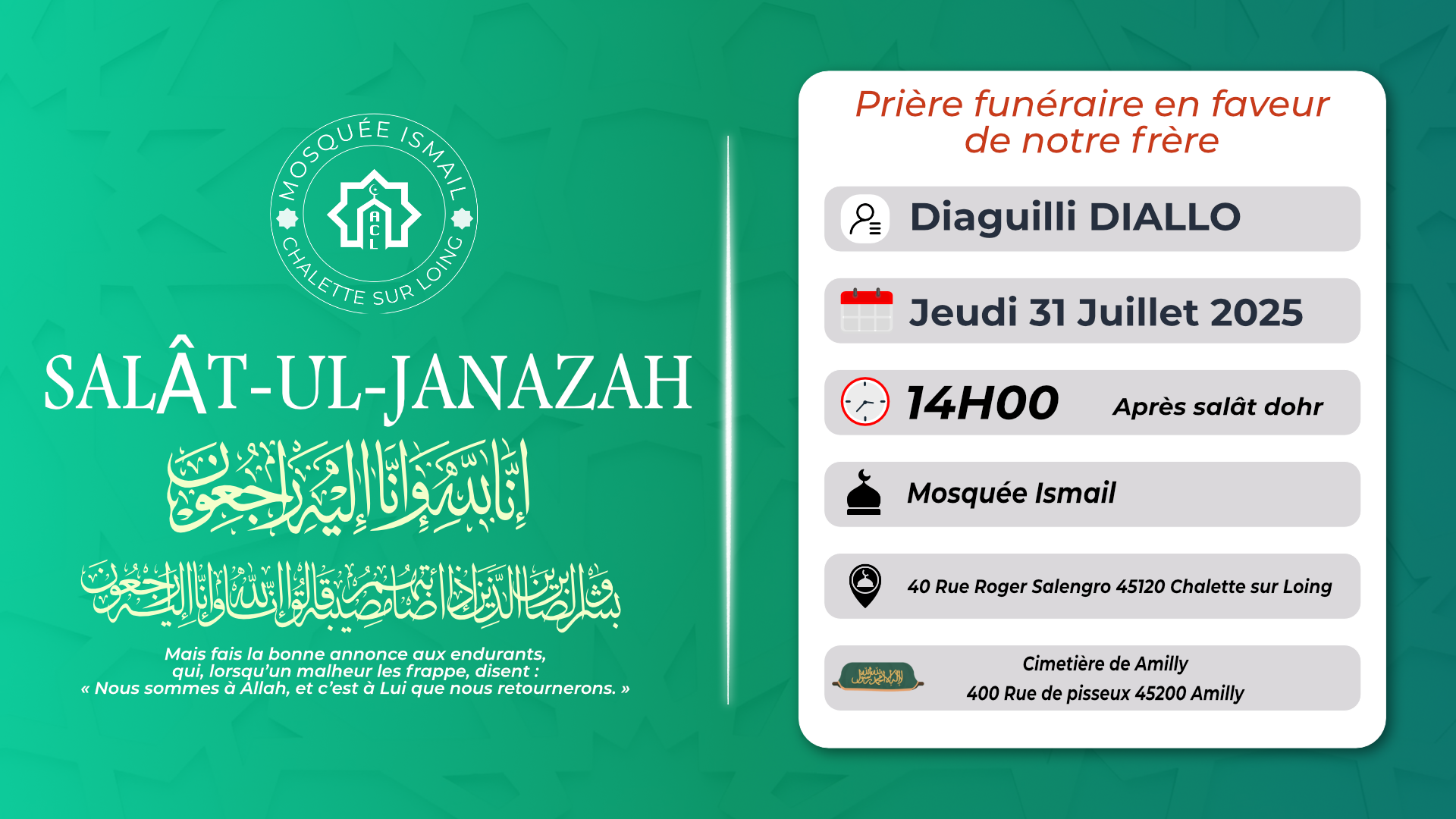 salat JANAZA  Jeudi 31 juillet  À 14H00
