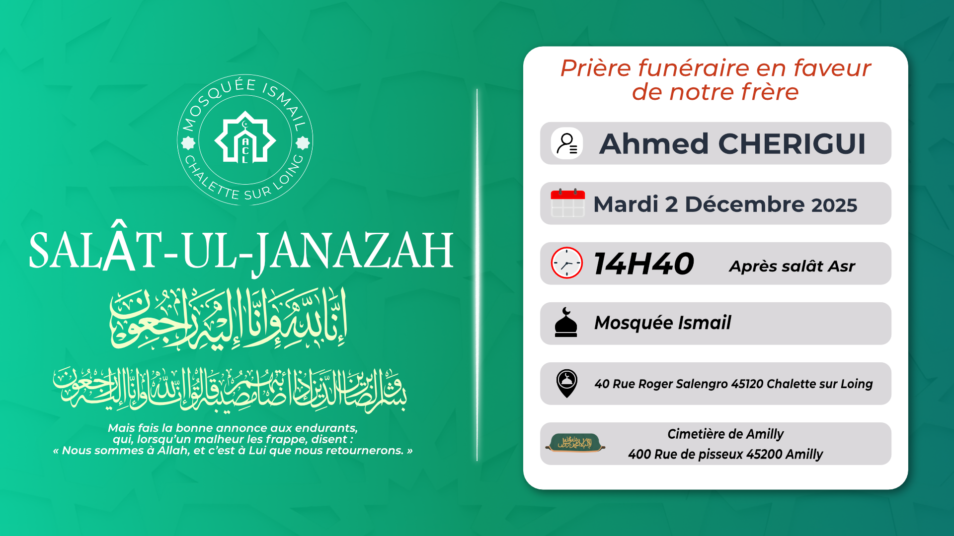 Salât janaza Mardi 2 décembre après ASR