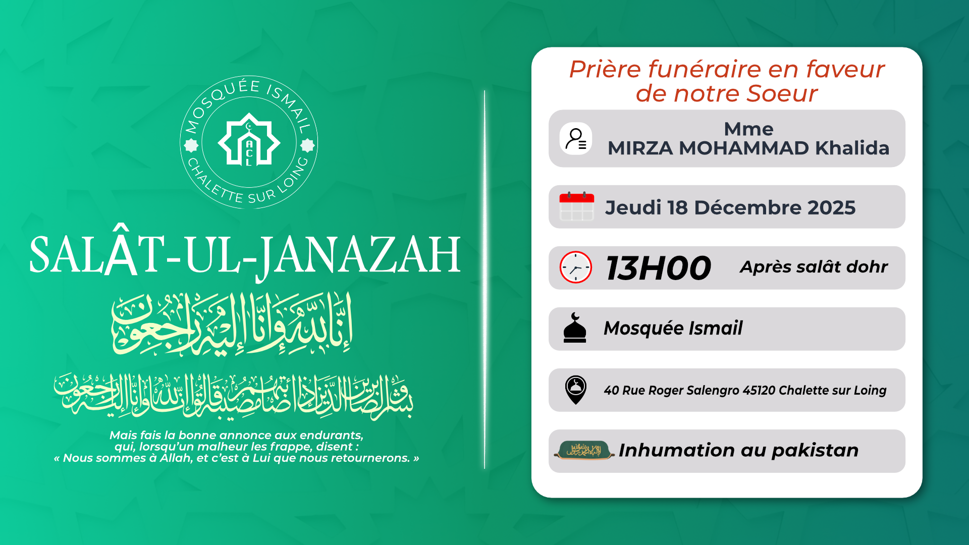 Salat JANAZA  Jeudi 18 Décembre  À 13H00