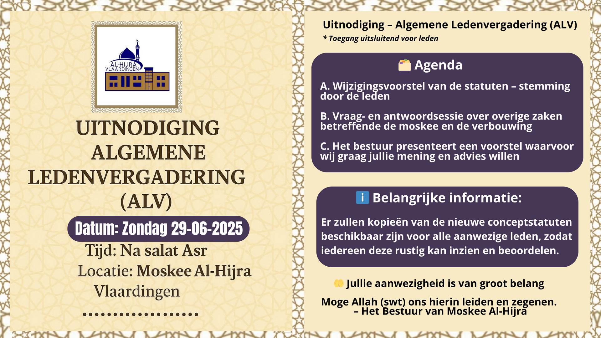 Uitnodiging Algemene Ledenvergadering