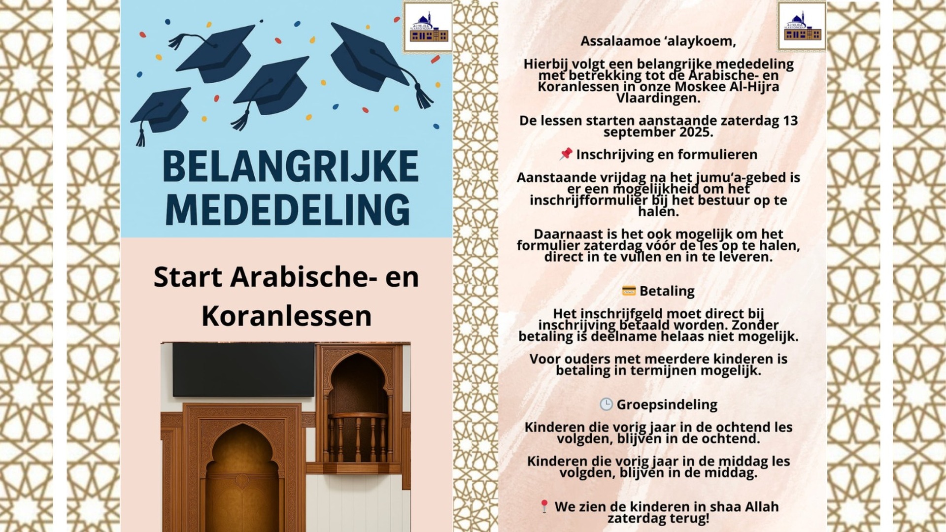 Mededeling lessen Koran/Arabisch