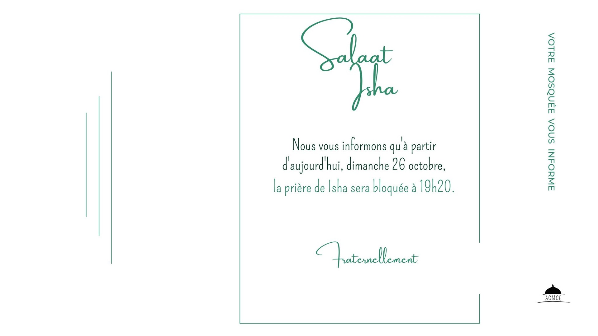 Salât Al icha -  heure d’hiver