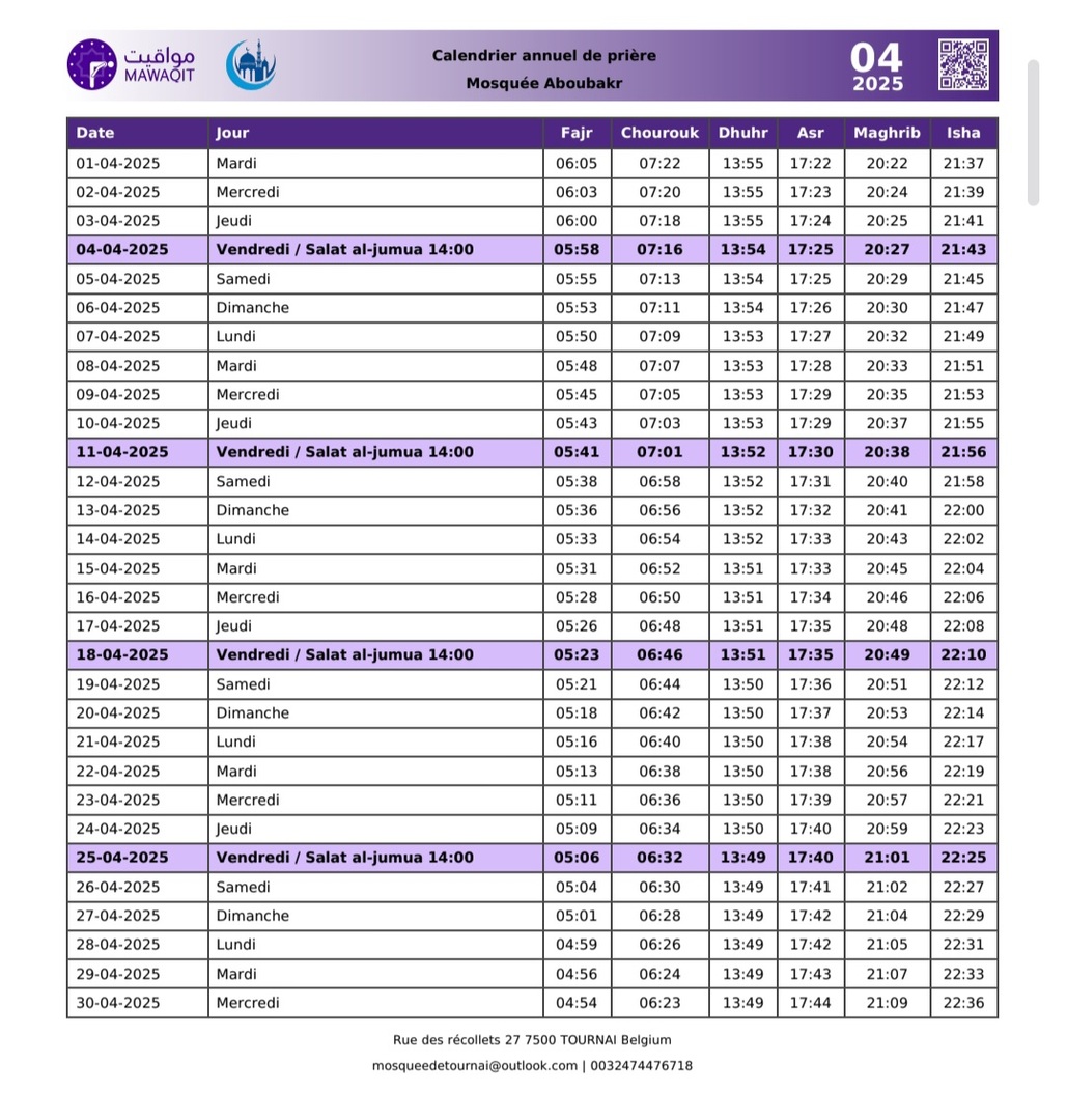 Horaires des prieres Avril