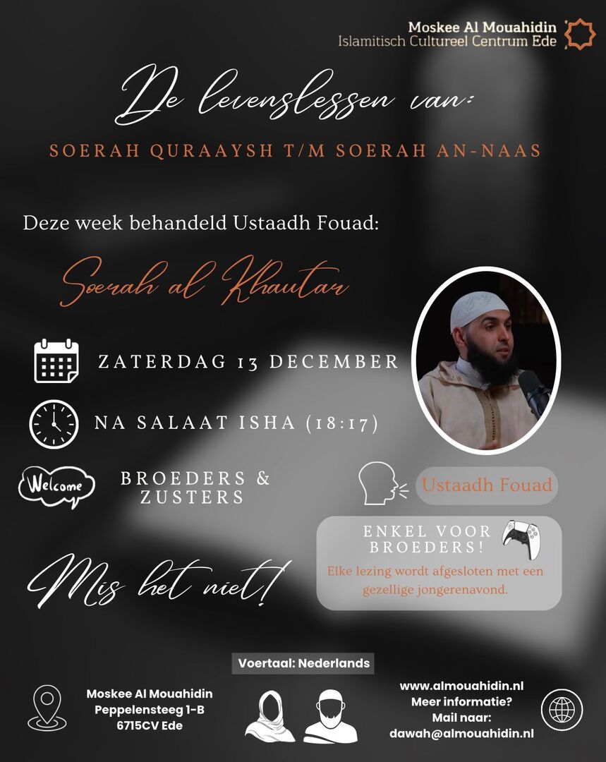 Vanavond ustaadh Aboe Tariq, wees erbij!