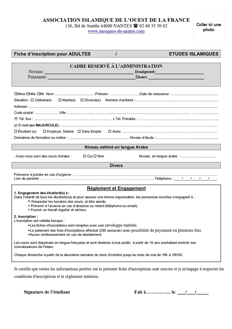 INSCRIPTION COURS SCIENCES ISLAMIQUES