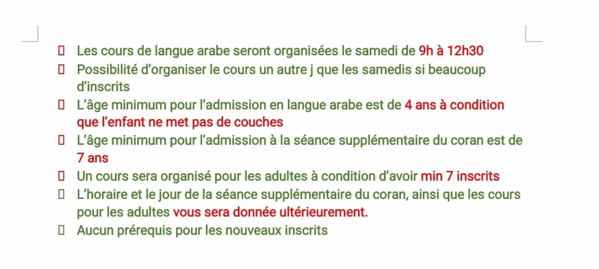 Inscription cours d'arabe et du coran 2