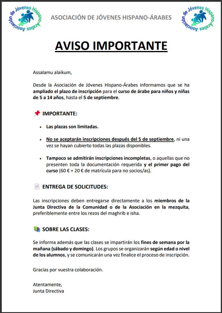 Ampliación plazo inscripción clases árab