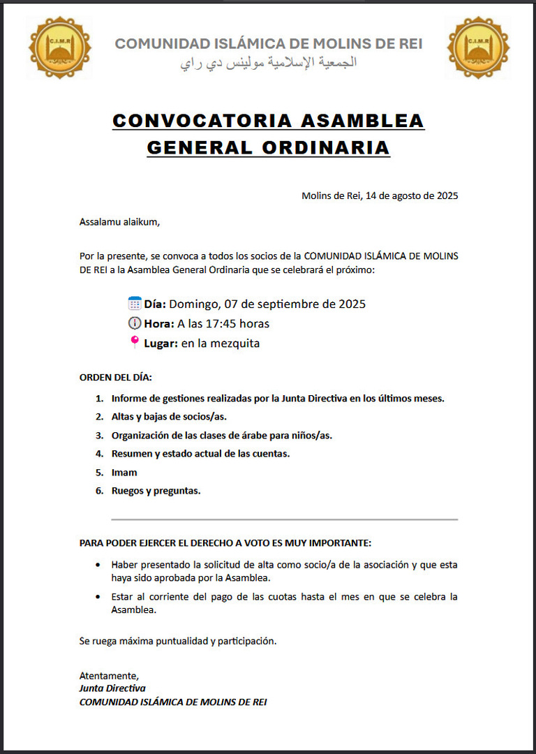 Reunión socios/as el 07-09-2025