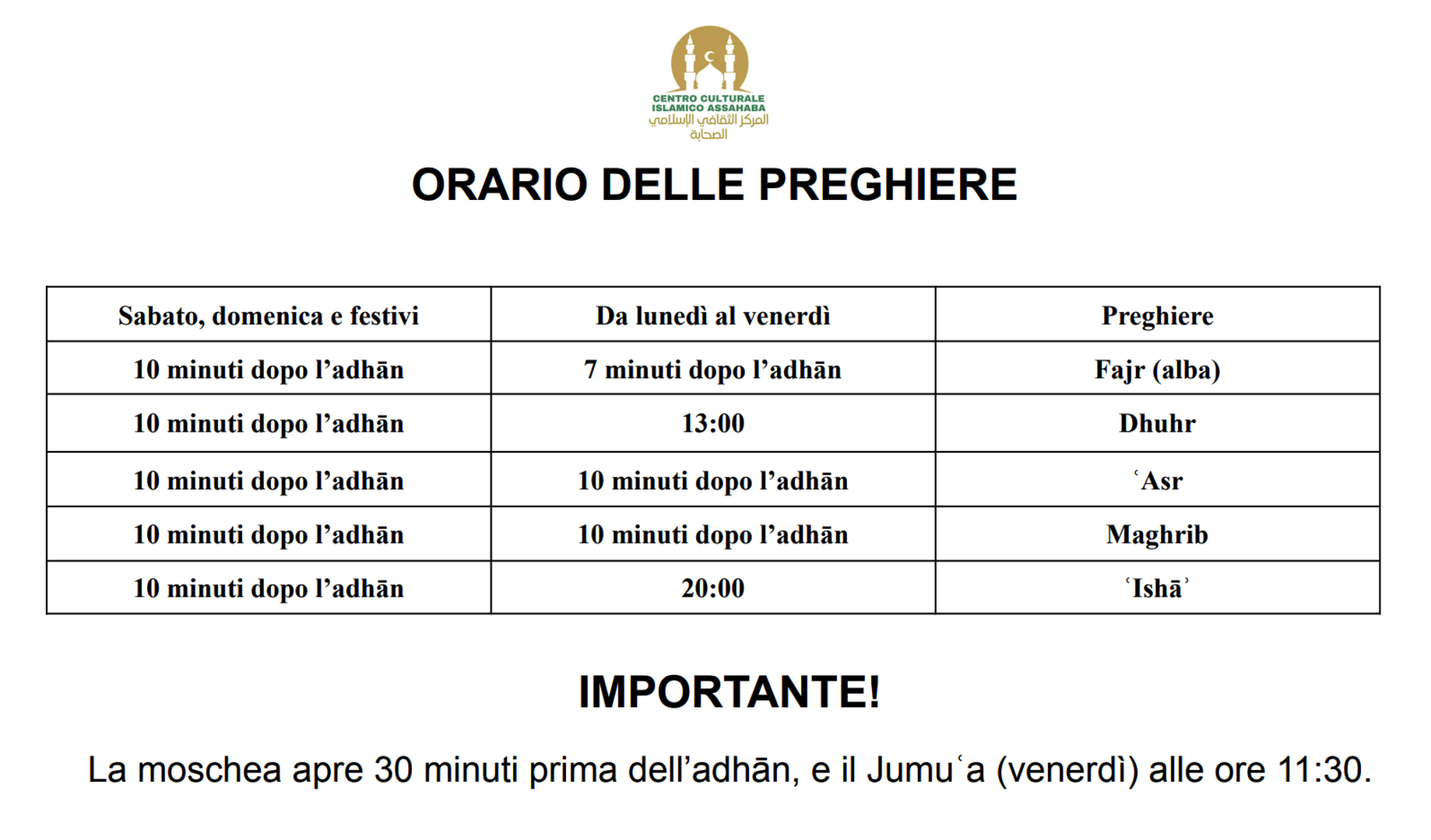 Orari e aperura Masjid