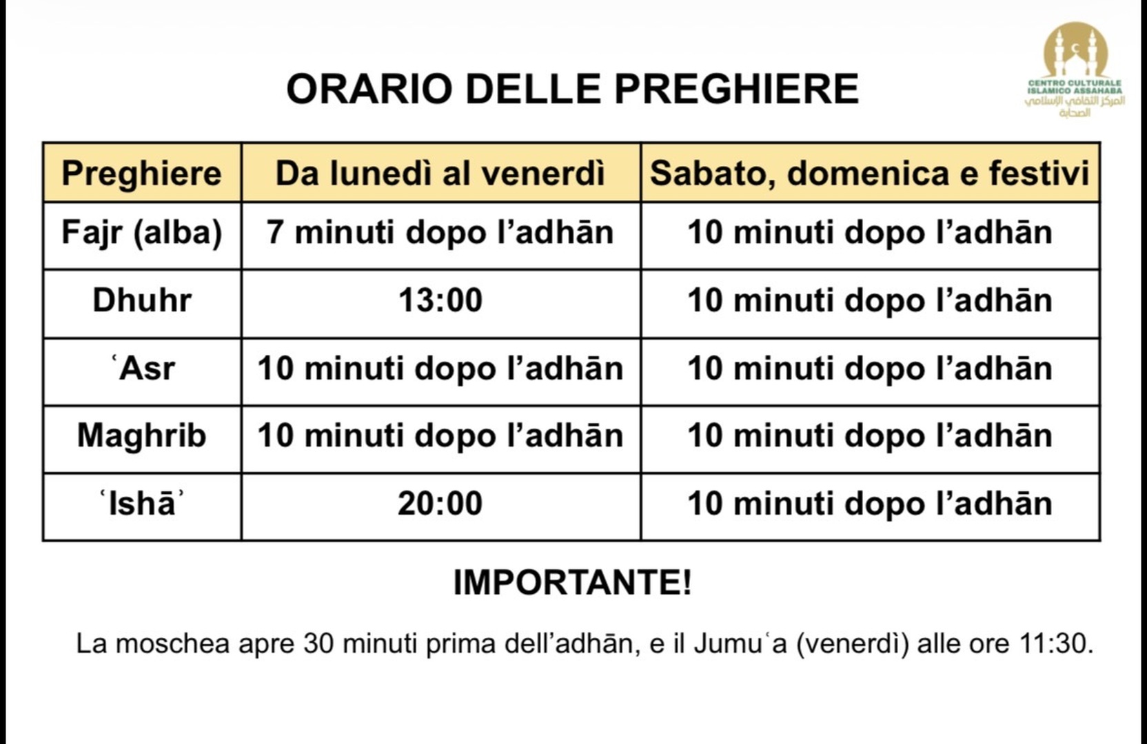 Orario apertura Masjid