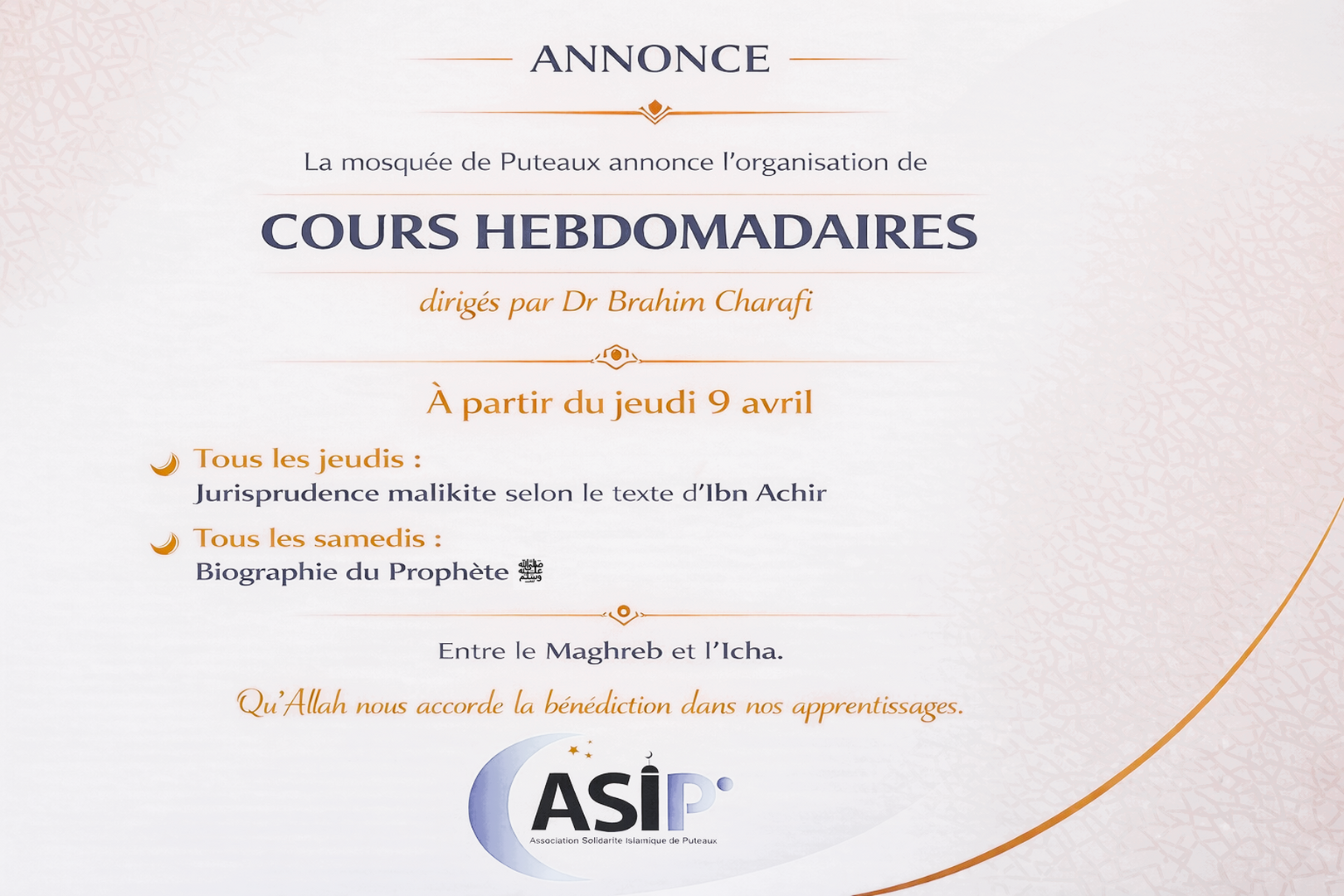 cours hebdomadaire