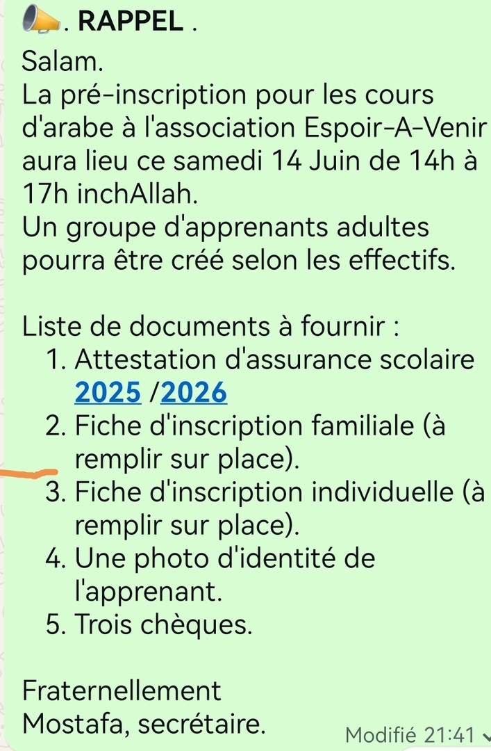 Pré-inscription cours arabe