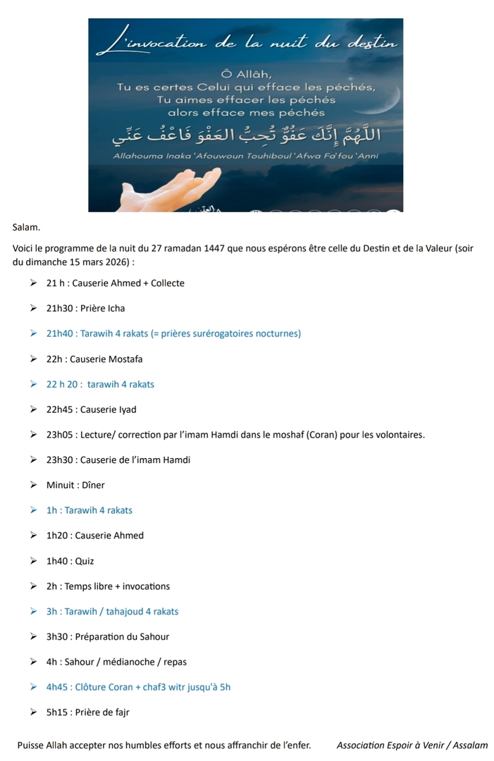 Programme nuit du 27 ramadan