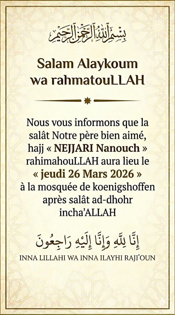 Salât Janaza le 26/03 après Dhor