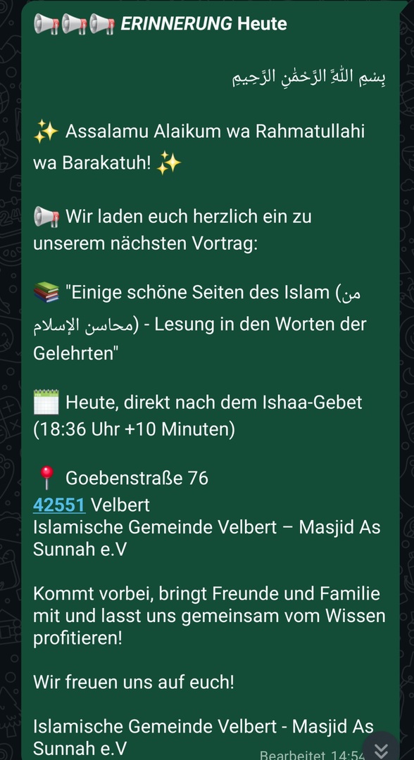 Vortrag Heute nach Ishaa-Gebet