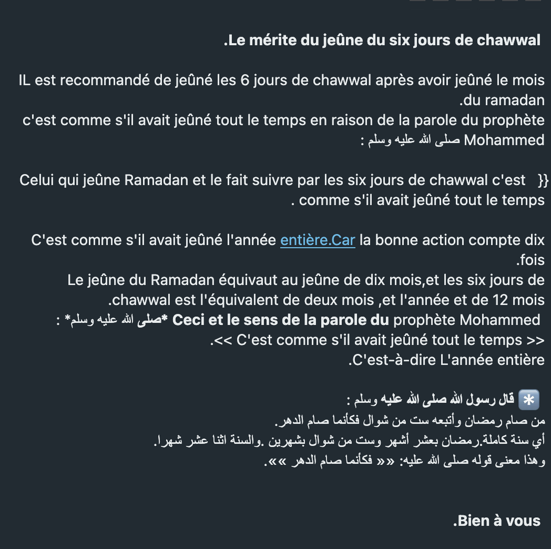 Le jeûne des 6 jours de Chawwal