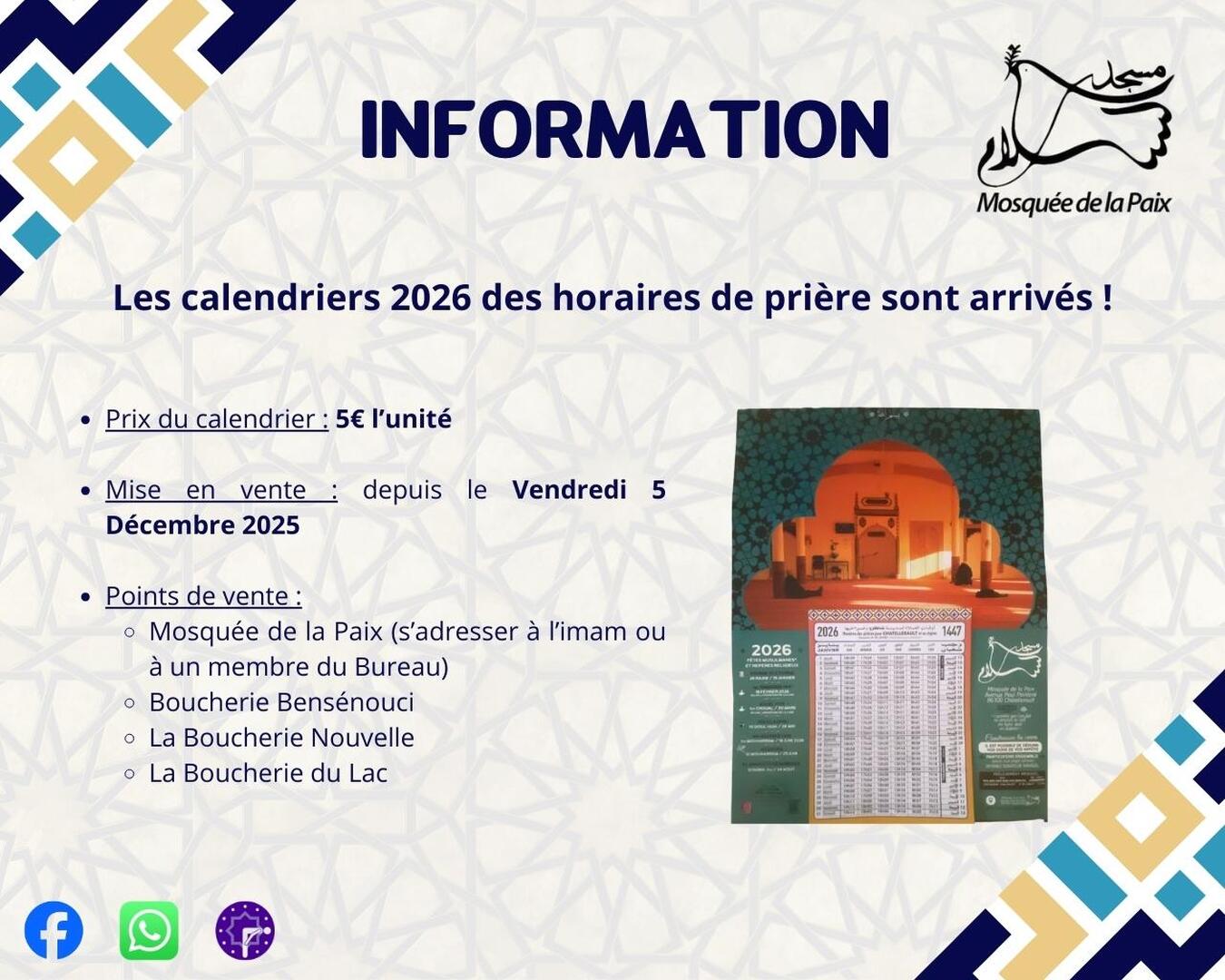 Vente des calendriers 2026