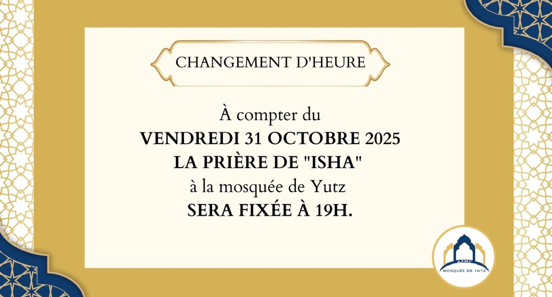 Heure de la prière  "Isha" à la mosquée