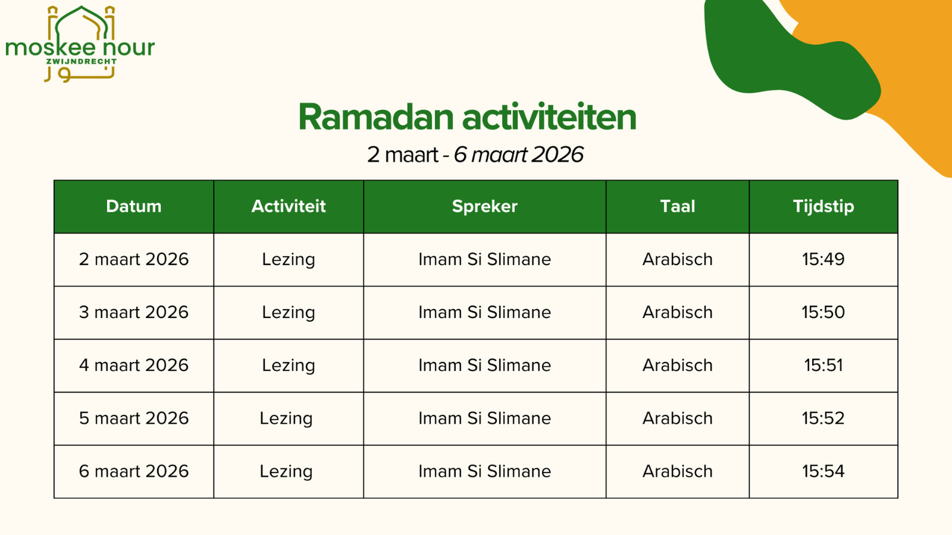 Ramadan agenda 2-6 maart