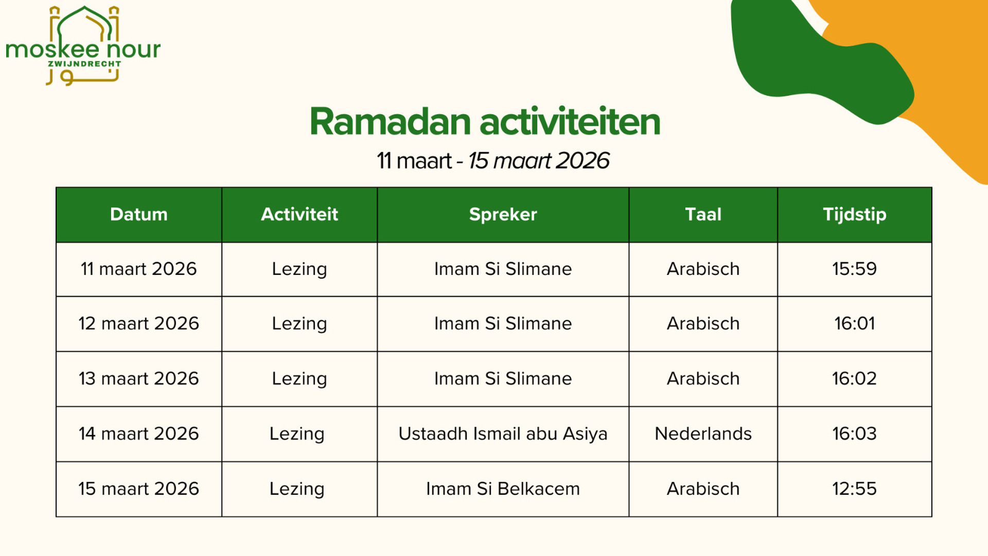 Ramadan agenda 11-15 maart 2026