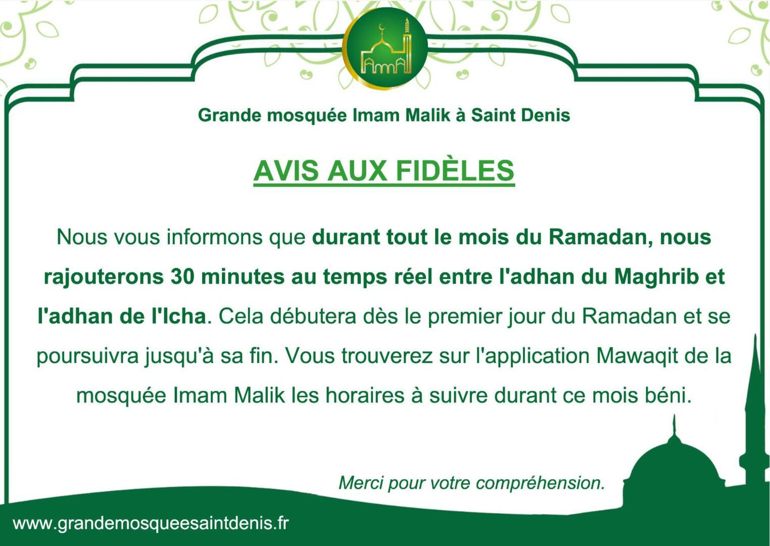 INFO POUR LE MOIS DU RAMADAN