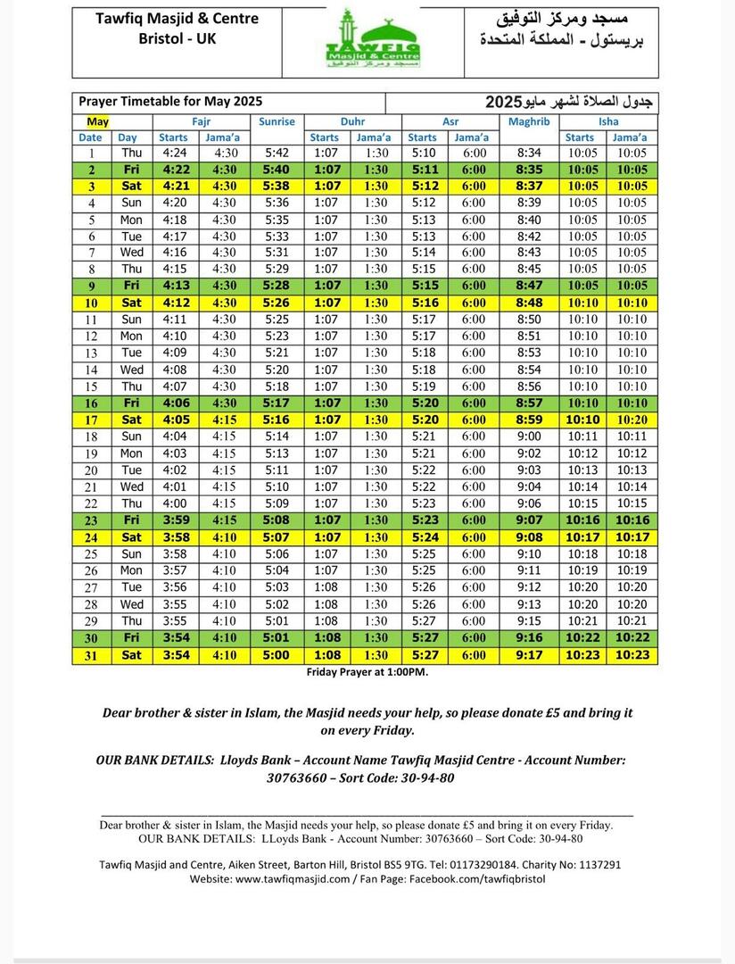 Prayers timetable