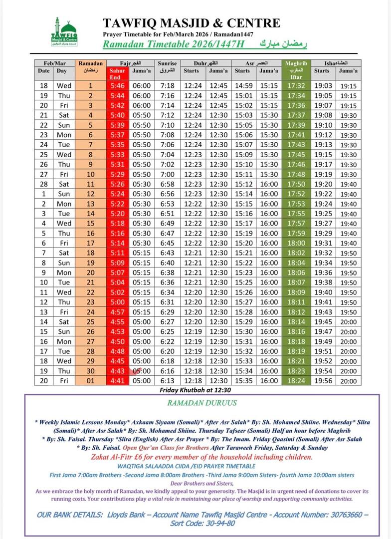 Feb/March prayer timetable