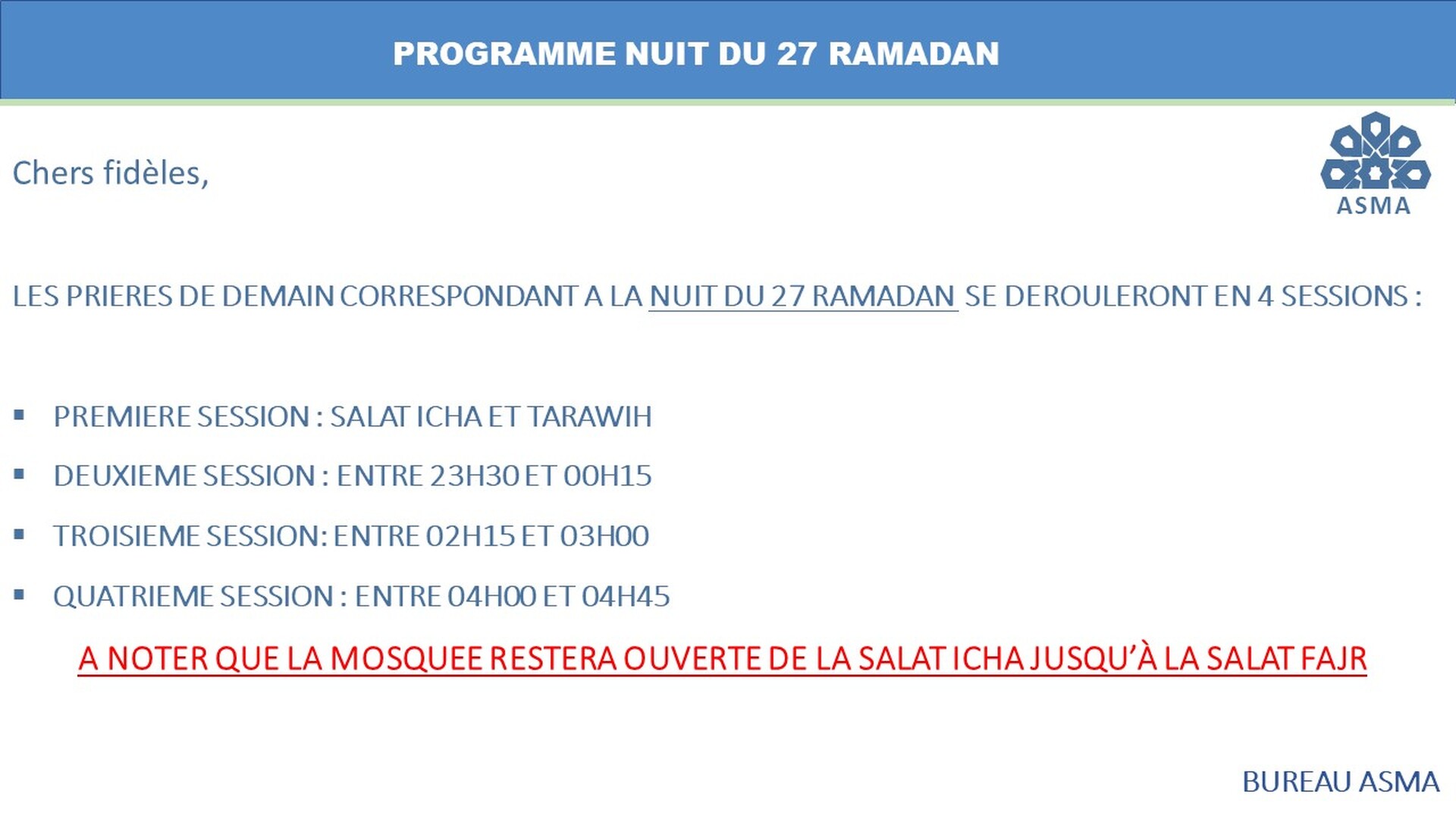 PROGRAMME NUIT DU 27 RAMADAN