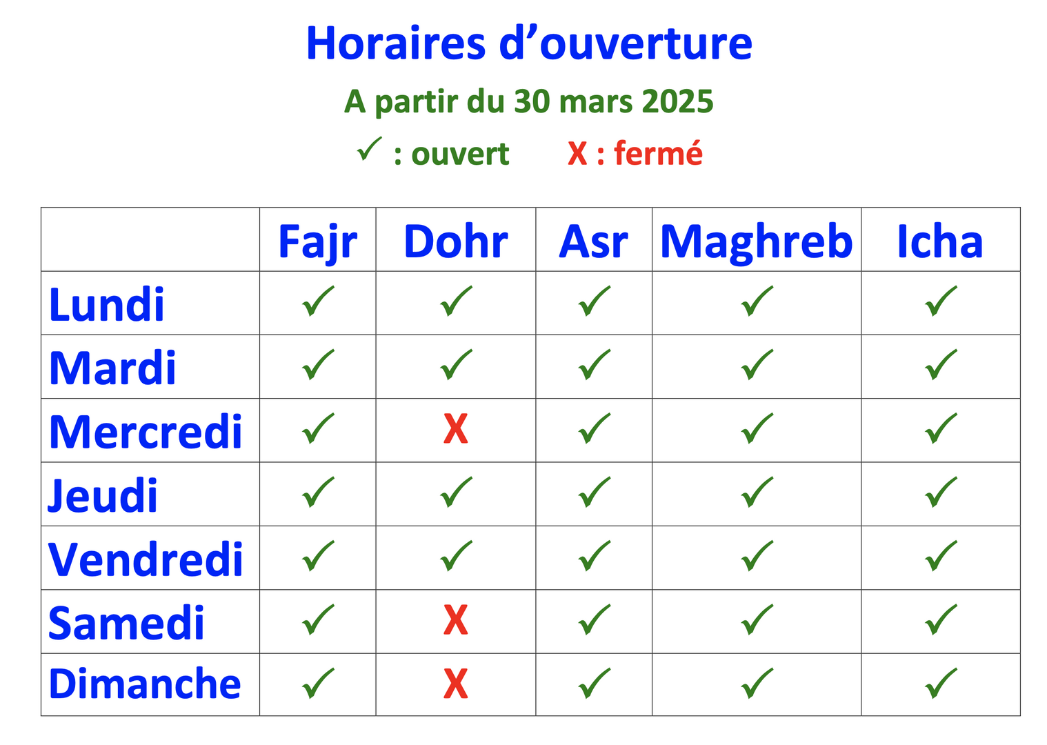 Horaires d'ouvertures
