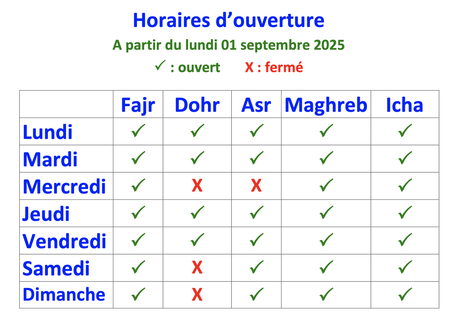 Horaires d'ouvertures