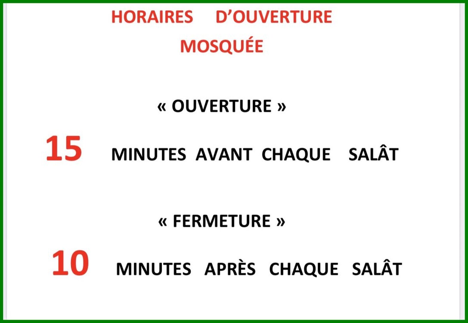 HORAIRES  D'OUVERTURE MOSQUEE