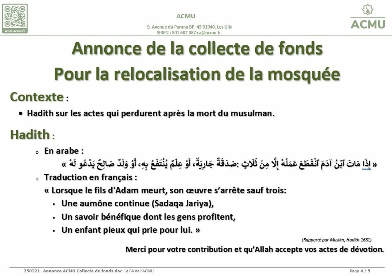 Collecte de fonds - Relocalisation 4/5