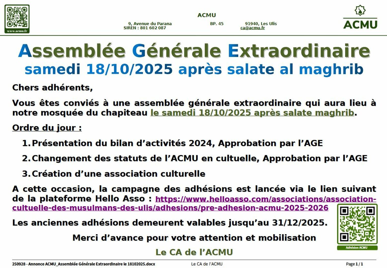 Assemblée Générale Extraordinaire 2025
