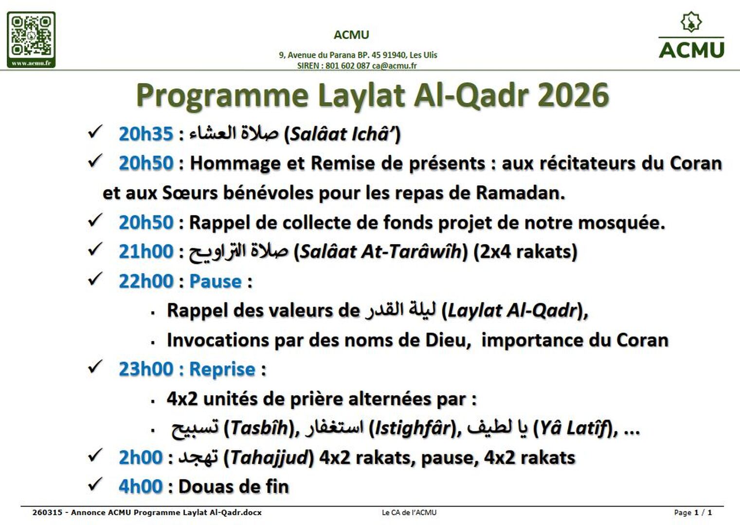 Programme Laylat Al Qadr 2026