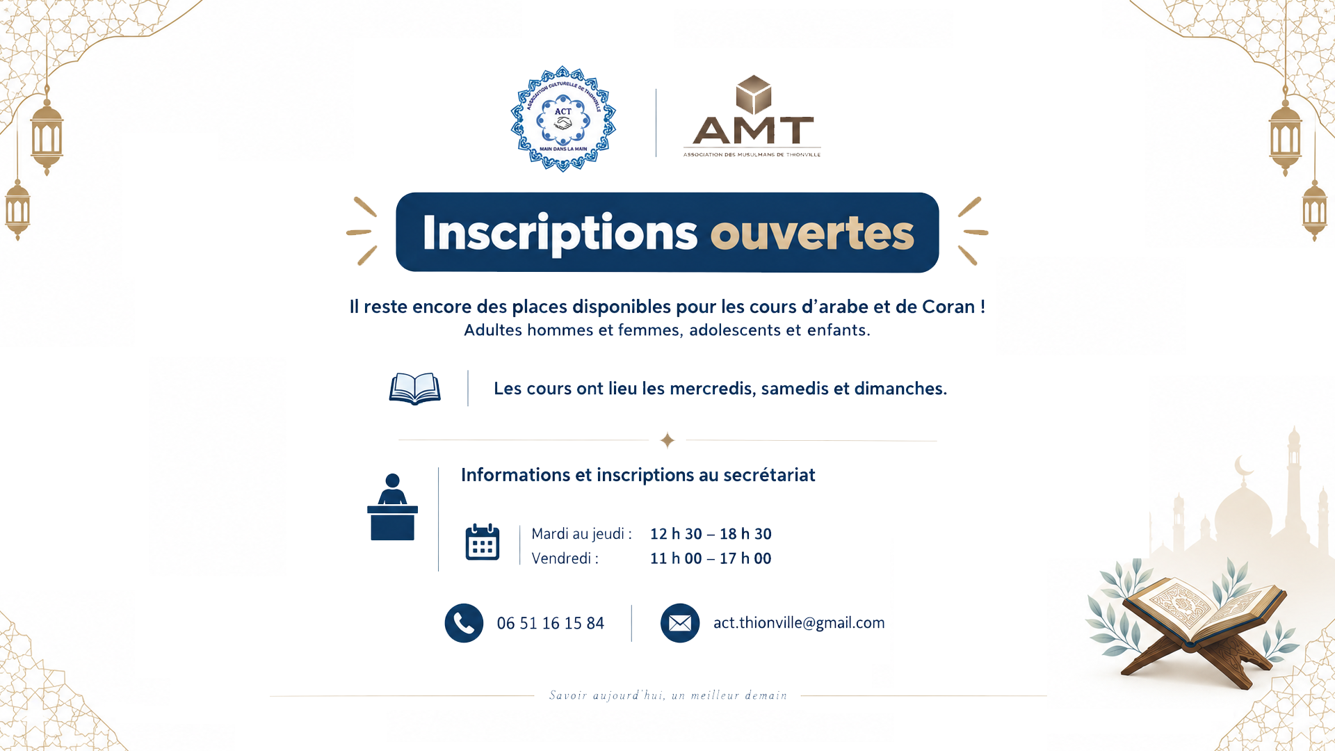 Inscriptions ouvertes Coran et Arabe