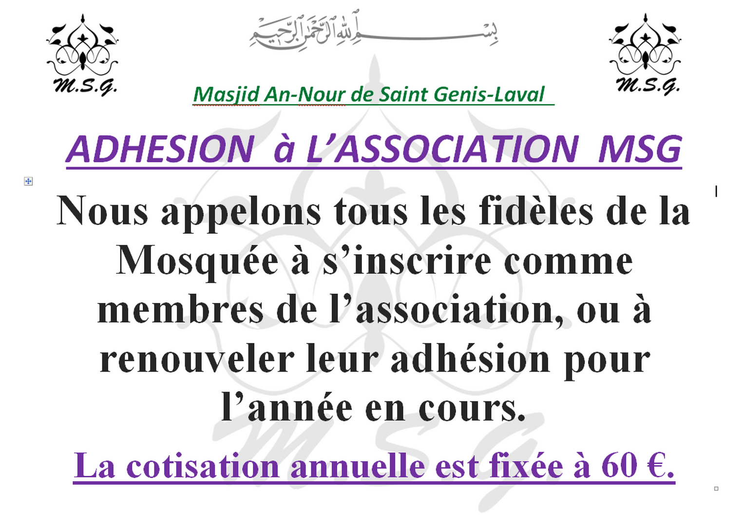Adhésion Association MSG - 2025