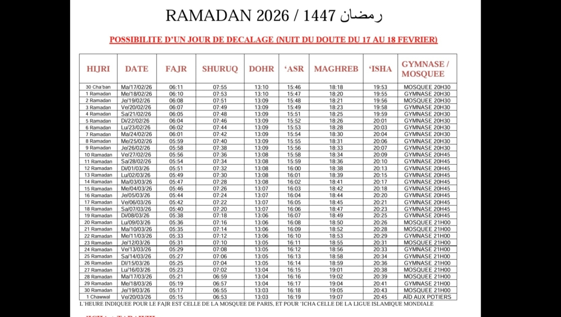 Calendrier ramadan 2026/1447