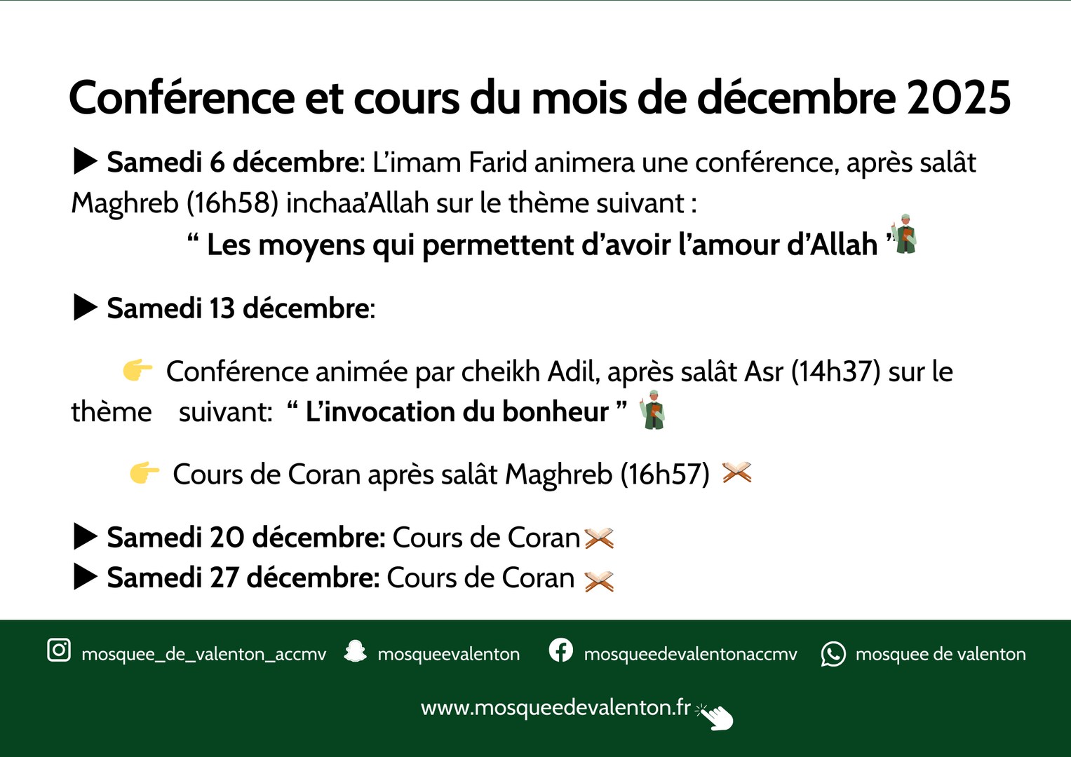 Conférence et cours du mois de décembre