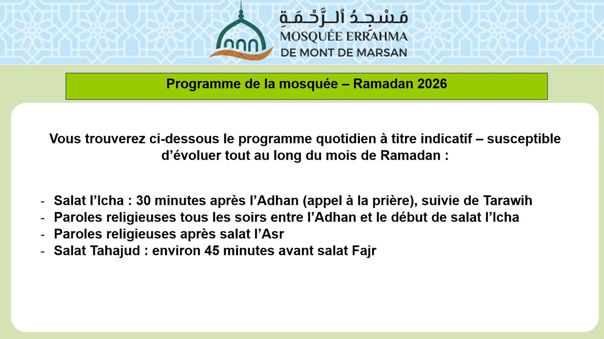 Programme Ramadan